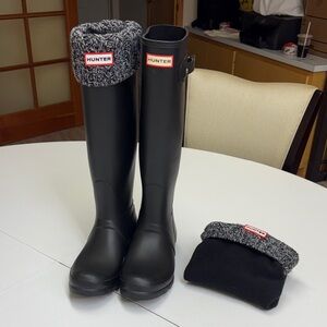 Hunter Black Rain Boots with Gray Knit Cuffs